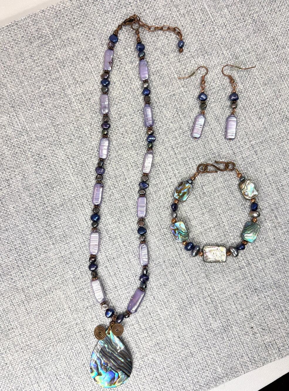 Artisan Vintage Abalone Shell Freshwater Pearl 3pc Jewelry Set Boho